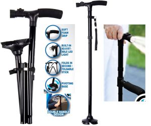 Medical Convenient Two-Handle Walking Cane Lightweight Walking Stick with Adjustable LED Lights and Stable Quad Cane Base