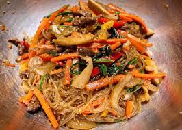 Jap Chae ( Non fried Glass Noodles with stir-fried shredded Beef and Vegetables )