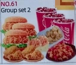 Group Set 2 ( 3 burger, 2 Thigh chicken, 2 Chips, Small Chicken Pieces spicy & Normal, 3 Coke ) No.61