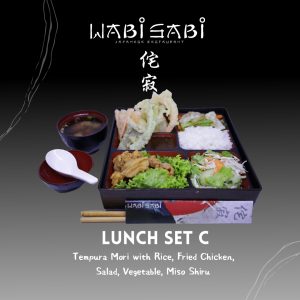 Lunch set C( Tempura mori with rice, fried Chicken, salad, vegetable)