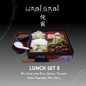 Lunch set E( mix sushi with rice, chicken, teriyaki, salad, vegetables, miso shiru)