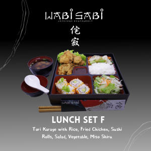 Lunch Set F( tori karage with rice, fried chicken, sushi rolls, salad)