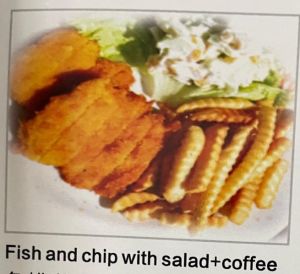 fish and chip with salad +coffee鱼排薯条沙拉+咖啡