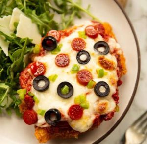 Italian herb sauce, ham, olives and pesto