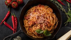 Spaghetti all'Amatriciana (Tomato sauce with bacon, fresh tomato, basil and chilli)