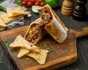 BAE BURRITOS (flour tortilla,egg,bacon,avocado BBQ sauce & mozzarella chessechips)