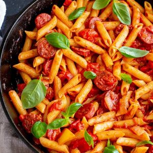 tagliatelle chorizo and bacon-tomato sauce with bacon,basil,fresh tomato and chorizo