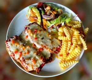 Eggplant parmigiana  with 2 free sides