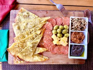 Antipasti Platter (Dips, cured meats, gouda, olive tapenade, eggplant antipasto and sardella )