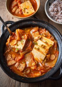 Kimchi Jjigae ( Kimchi stew with pork meat and homemade tofu Served with Rice )