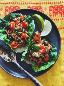 Larb Lettuce Wraps ( Minced chicken salad with herb ,lime , fish sauce , chili)