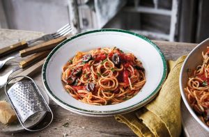Spaghetti Putanesca (Tomato sauce with black olive, capers, anchovies and Chilli)