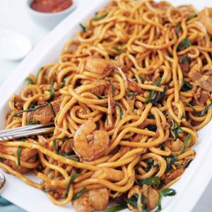 Mee goreng with seafood ( home made Hokkien noodles cooked with seafood and vegetables)