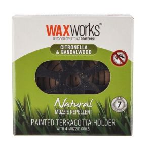 Waxworks Citronella and Sandalwood Mozzie Coils with Terracotta Diffuser ( 4 mozzies )