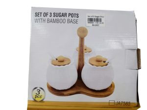 Set of 3 sugar pots with bamboo base 