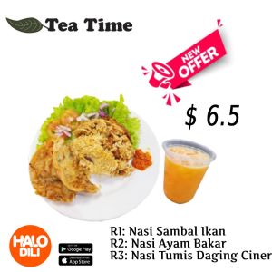 R1: Nasi ayam ikan, R2:Nasi ayam bakar,R3:Nasi Tumis daging ciner + one free drink